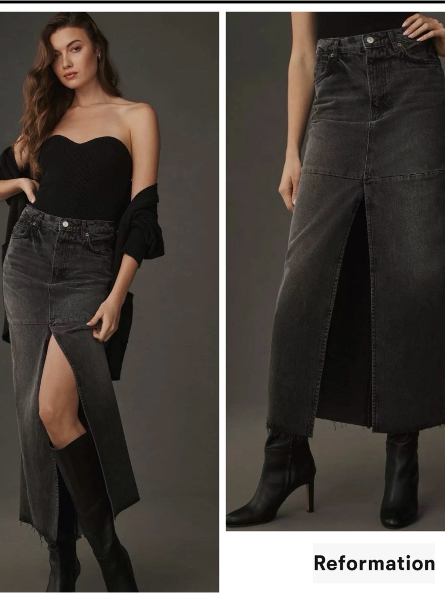 Reformation Tazz Maxi Denim Long Skirt Size 23 Black Wash Front Slit Taw Hem